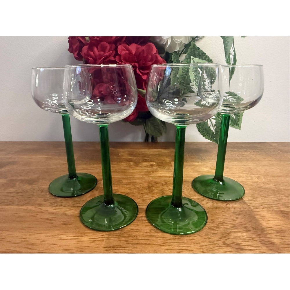 Vintage Luminarc France Green Stem Wine Glasses Set Holiday Barware Bar Cart MCM